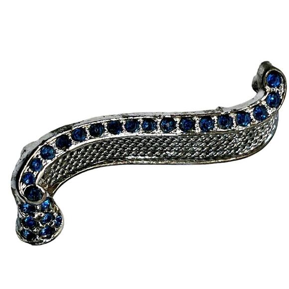 Vintage 2" Silver Tone Blue Rhinestone Accented Scroll Curled Bar Brooch Pin - Picture 2 of 5